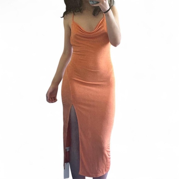 Kollyy Orange Spaghetti Strap Cowlneck Midi Dress NWOT - Picture 5 of 9